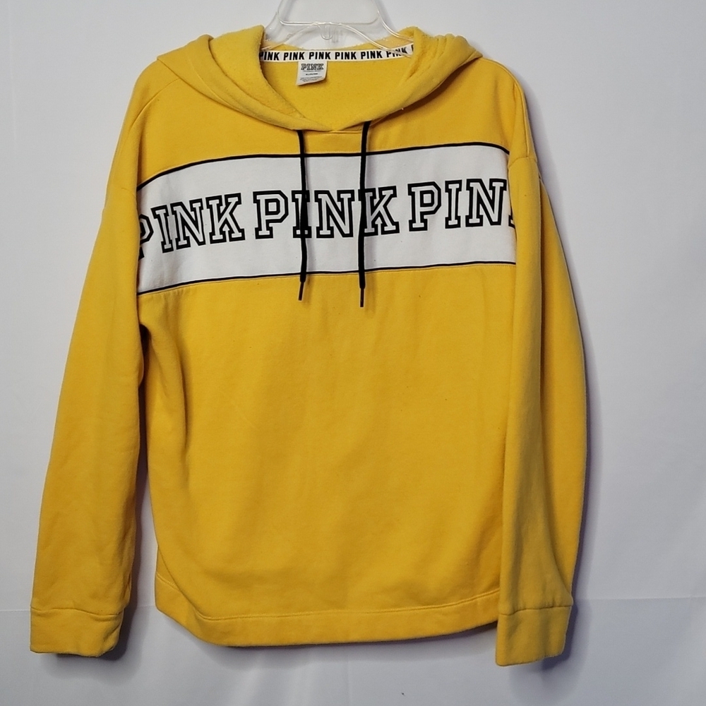 Victoria Secret Pink hooded hoodie yellow pullover sweatshirt sz Medium